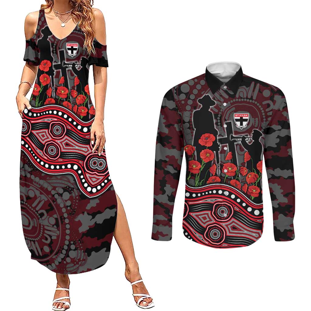 St Kilda Saints ANZAC Day Couples Matching Summer Maxi Dress and Long Sleeve Button Shirt Indigenous Dot Art with Poppy Flower Tribute
