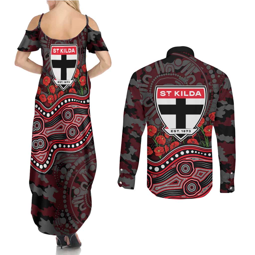 St Kilda Saints ANZAC Day Couples Matching Summer Maxi Dress and Long Sleeve Button Shirt Indigenous Dot Art with Poppy Flower Tribute