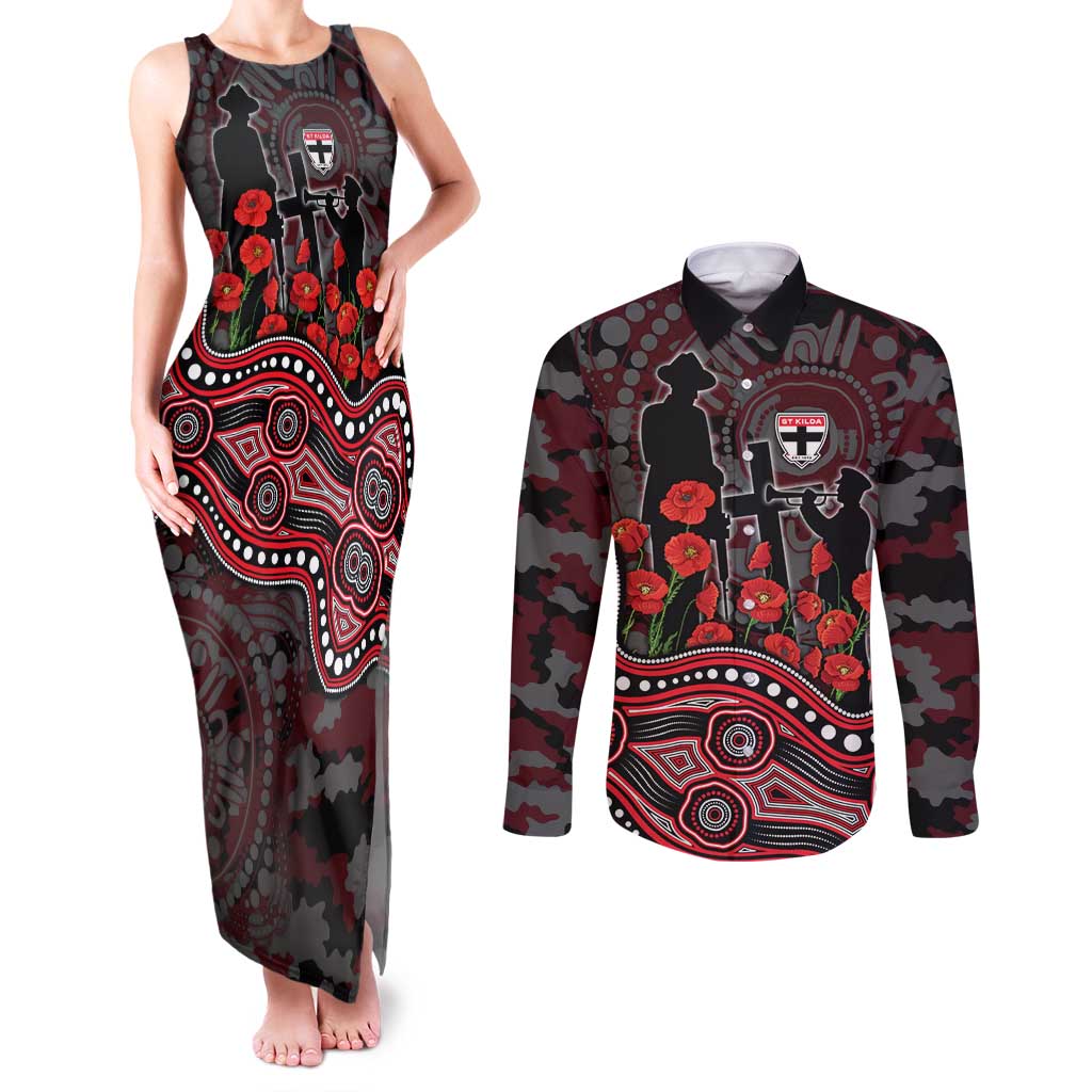 St Kilda Saints ANZAC Day Couples Matching Tank Maxi Dress and Long Sleeve Button Shirt Indigenous Dot Art with Poppy Flower Tribute