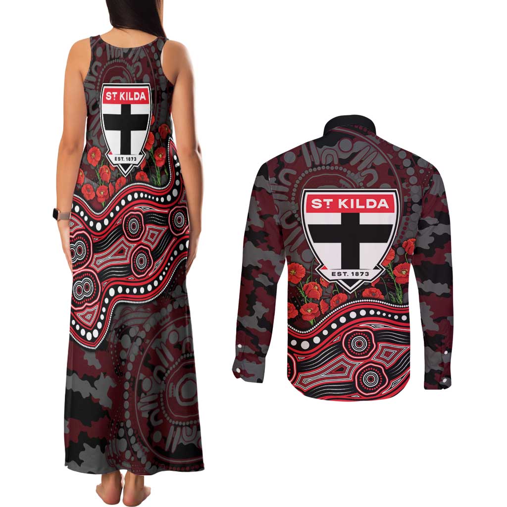 St Kilda Saints ANZAC Day Couples Matching Tank Maxi Dress and Long Sleeve Button Shirt Indigenous Dot Art with Poppy Flower Tribute