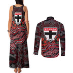 St Kilda Saints ANZAC Day Couples Matching Tank Maxi Dress and Long Sleeve Button Shirt Indigenous Dot Art with Poppy Flower Tribute