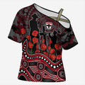 St Kilda Saints ANZAC Day Cross Shoulder Shirt Indigenous Dot Art with Poppy Flower Tribute