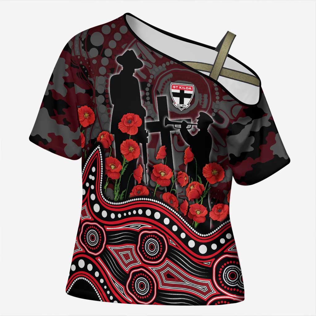 St Kilda Saints ANZAC Day Cross Shoulder Shirt Indigenous Dot Art with Poppy Flower Tribute