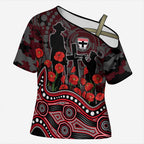 St Kilda Saints ANZAC Day Cross Shoulder Shirt Indigenous Dot Art with Poppy Flower Tribute