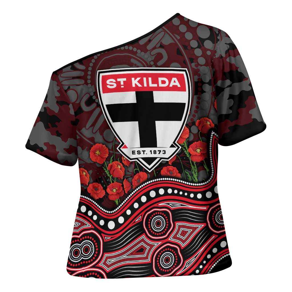St Kilda Saints ANZAC Day Cross Shoulder Shirt Indigenous Dot Art with Poppy Flower Tribute