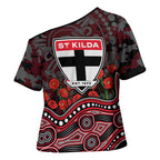 St Kilda Saints ANZAC Day Cross Shoulder Shirt Indigenous Dot Art with Poppy Flower Tribute