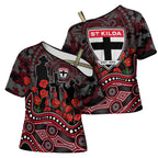 St Kilda Saints ANZAC Day Cross Shoulder Shirt Indigenous Dot Art with Poppy Flower Tribute