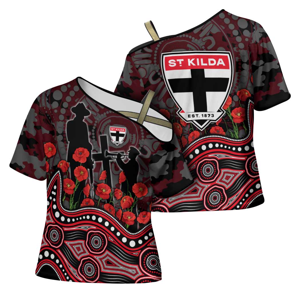 St Kilda Saints ANZAC Day Cross Shoulder Shirt Indigenous Dot Art with Poppy Flower Tribute