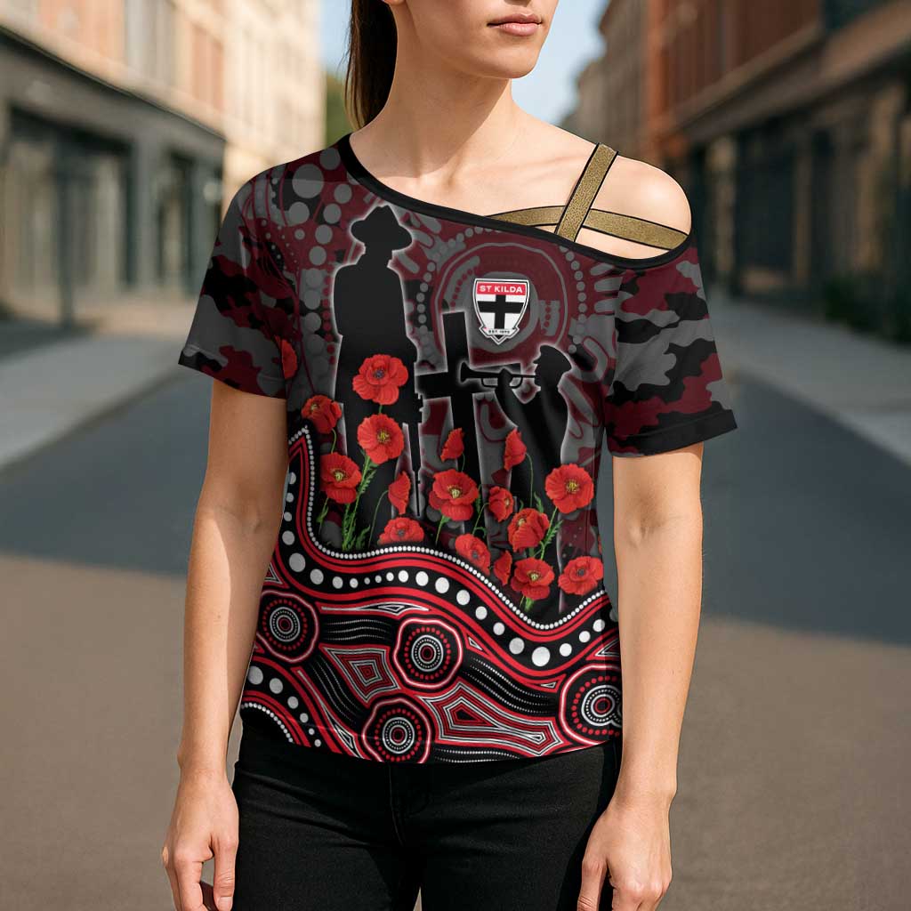 St Kilda Saints ANZAC Day Cross Shoulder Shirt Indigenous Dot Art with Poppy Flower Tribute