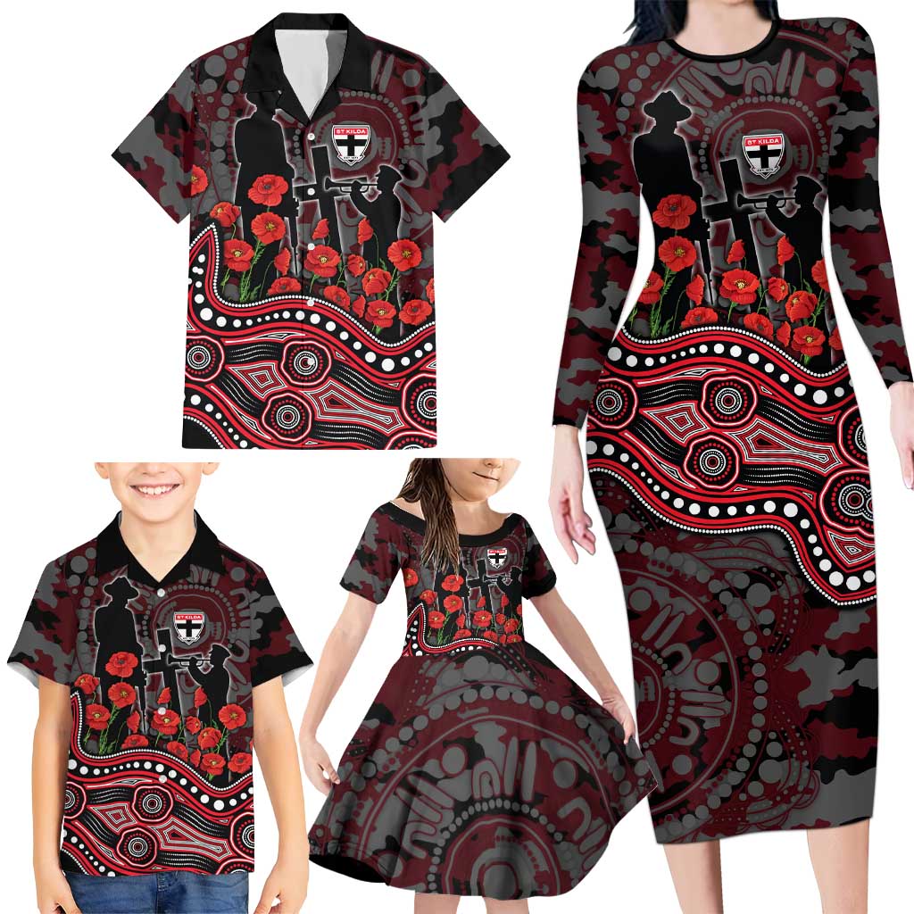 St Kilda Saints ANZAC Day Family Matching Long Sleeve Bodycon Dress and Hawaiian Shirt Indigenous Dot Art with Poppy Flower Tribute