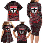 St Kilda Saints ANZAC Day Family Matching Long Sleeve Bodycon Dress and Hawaiian Shirt Indigenous Dot Art with Poppy Flower Tribute