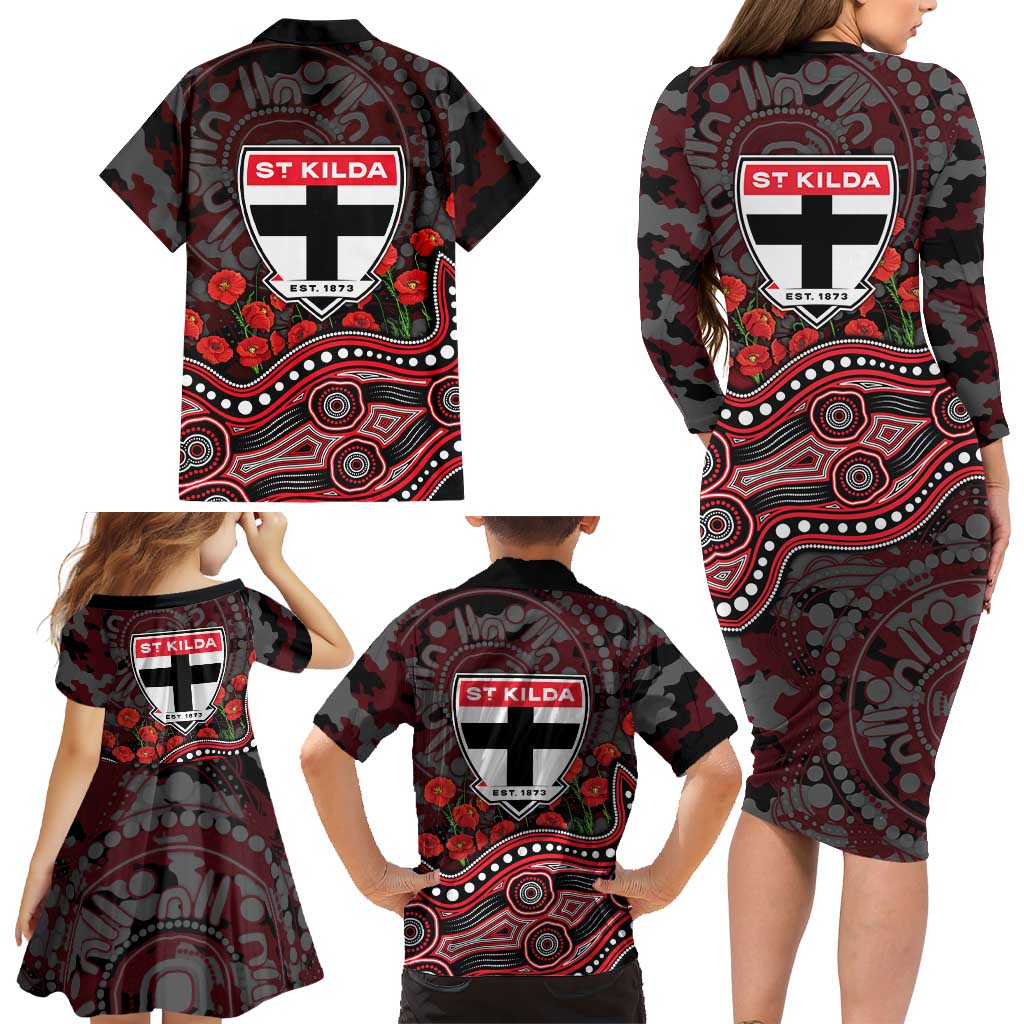 St Kilda Saints ANZAC Day Family Matching Long Sleeve Bodycon Dress and Hawaiian Shirt Indigenous Dot Art with Poppy Flower Tribute