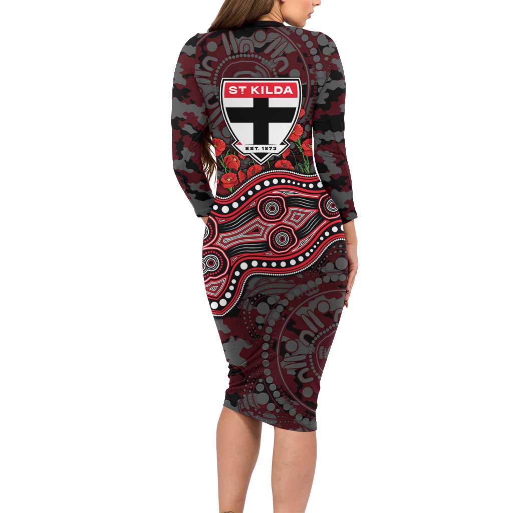 St Kilda Saints ANZAC Day Family Matching Long Sleeve Bodycon Dress and Hawaiian Shirt Indigenous Dot Art with Poppy Flower Tribute