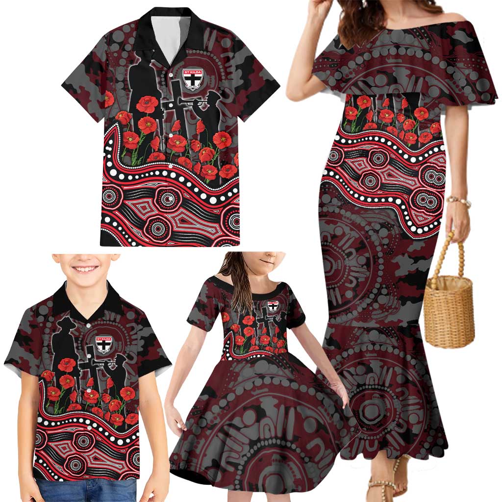 St Kilda Saints ANZAC Day Family Matching Mermaid Dress and Hawaiian Shirt Indigenous Dot Art with Poppy Flower Tribute