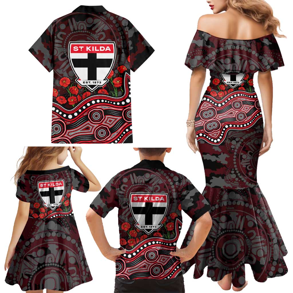 St Kilda Saints ANZAC Day Family Matching Mermaid Dress and Hawaiian Shirt Indigenous Dot Art with Poppy Flower Tribute