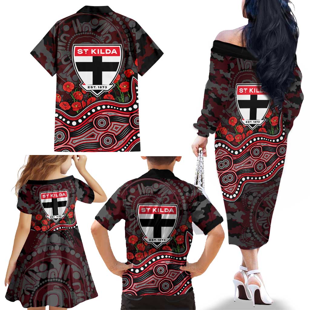 St Kilda Saints ANZAC Day Family Matching Off The Shoulder Long Sleeve Dress and Hawaiian Shirt Indigenous Dot Art with Poppy Flower Tribute