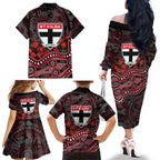 St Kilda Saints ANZAC Day Family Matching Off The Shoulder Long Sleeve Dress and Hawaiian Shirt Indigenous Dot Art with Poppy Flower Tribute