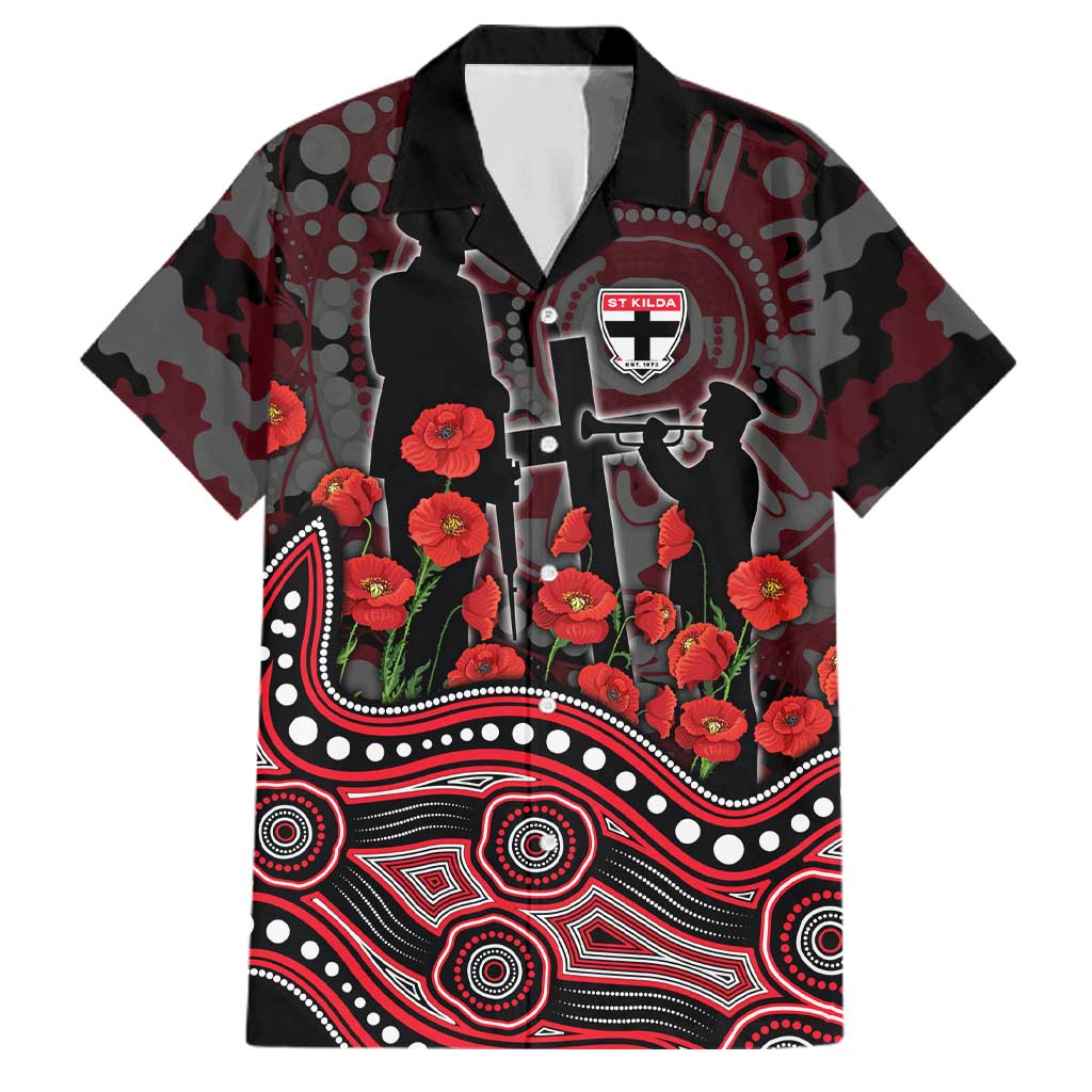 St Kilda Saints ANZAC Day Family Matching Off The Shoulder Long Sleeve Dress and Hawaiian Shirt Indigenous Dot Art with Poppy Flower Tribute