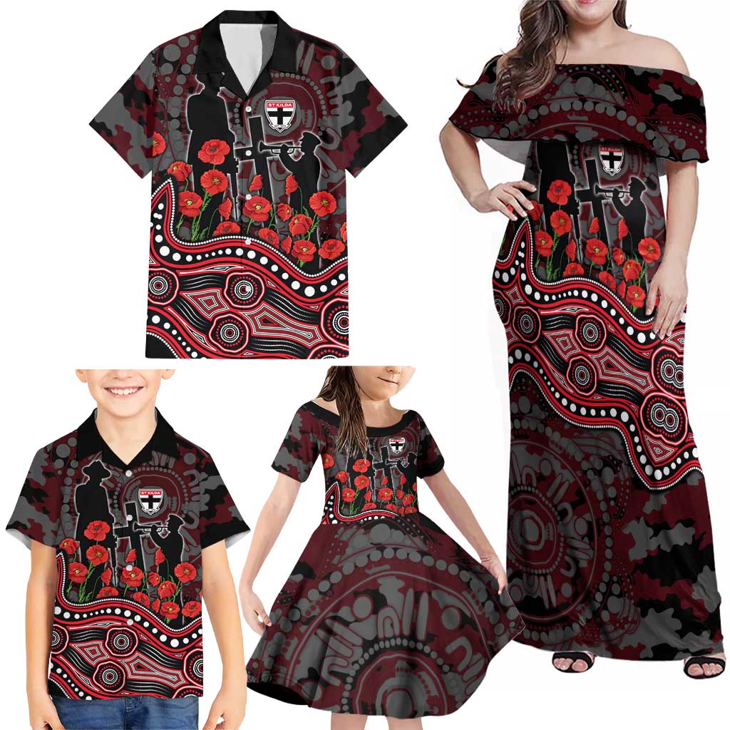 St Kilda Saints ANZAC Day Family Matching Off Shoulder Maxi Dress and Hawaiian Shirt Indigenous Dot Art with Poppy Flower Tribute