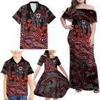 St Kilda Saints ANZAC Day Family Matching Off Shoulder Maxi Dress and Hawaiian Shirt Indigenous Dot Art with Poppy Flower Tribute