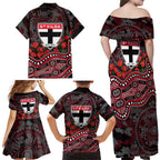 St Kilda Saints ANZAC Day Family Matching Off Shoulder Maxi Dress and Hawaiian Shirt Indigenous Dot Art with Poppy Flower Tribute