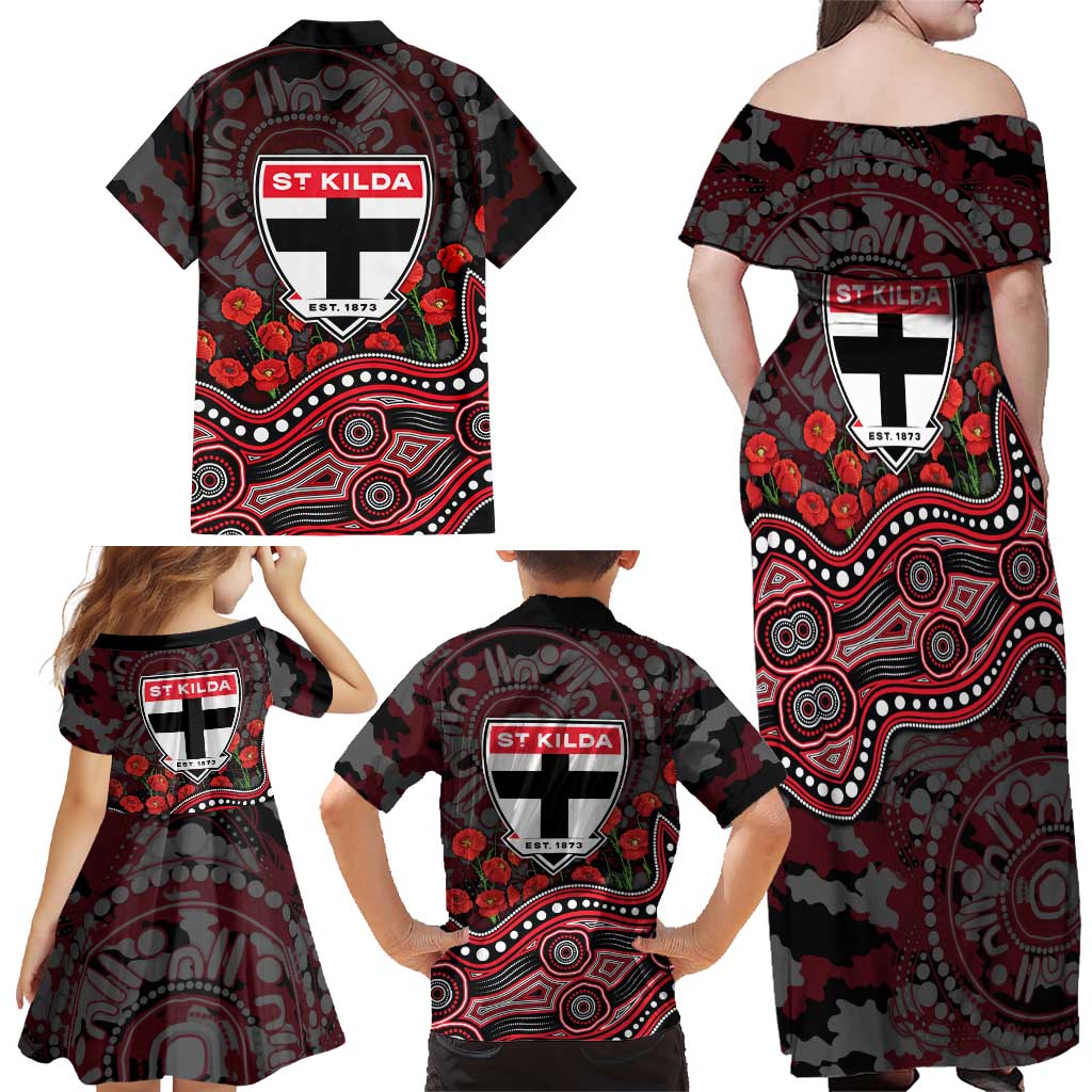 St Kilda Saints ANZAC Day Family Matching Off Shoulder Maxi Dress and Hawaiian Shirt Indigenous Dot Art with Poppy Flower Tribute