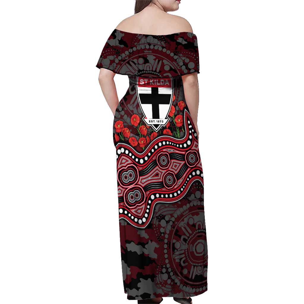 St Kilda Saints ANZAC Day Family Matching Off Shoulder Maxi Dress and Hawaiian Shirt Indigenous Dot Art with Poppy Flower Tribute