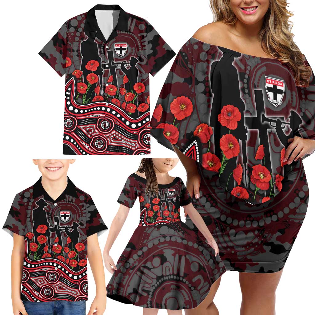 St Kilda Saints ANZAC Day Family Matching Off Shoulder Short Dress and Hawaiian Shirt Indigenous Dot Art with Poppy Flower Tribute