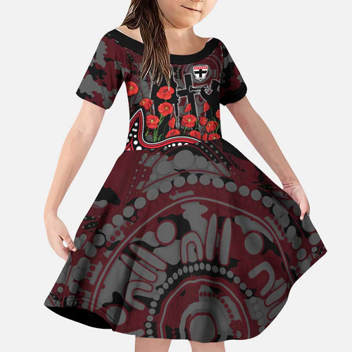St Kilda Saints ANZAC Day Family Matching Off Shoulder Short Dress and Hawaiian Shirt Indigenous Dot Art with Poppy Flower Tribute