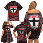 St Kilda Saints ANZAC Day Family Matching Off Shoulder Short Dress and Hawaiian Shirt Indigenous Dot Art with Poppy Flower Tribute