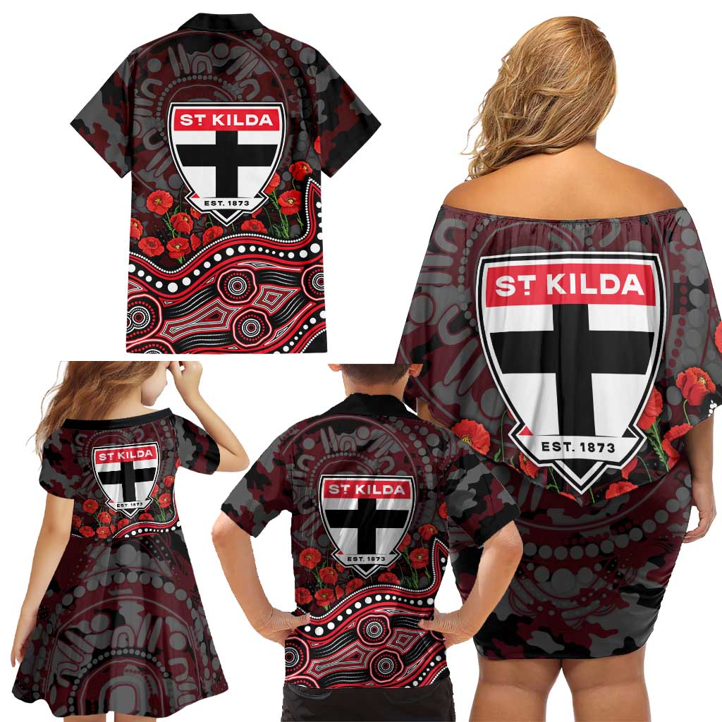 St Kilda Saints ANZAC Day Family Matching Off Shoulder Short Dress and Hawaiian Shirt Indigenous Dot Art with Poppy Flower Tribute