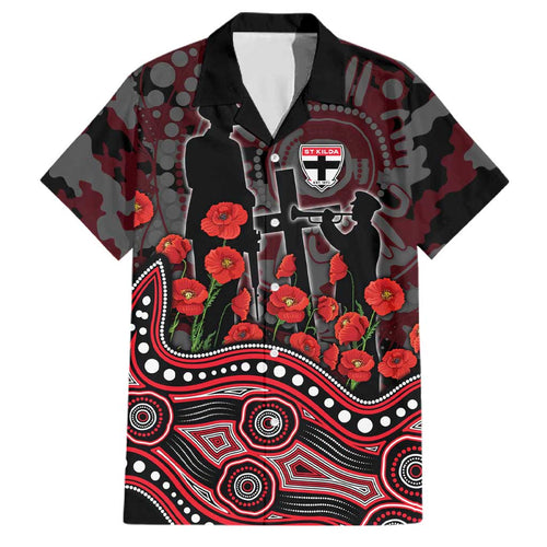 St Kilda Saints ANZAC Day Family Matching Off Shoulder Short Dress and Hawaiian Shirt Indigenous Dot Art with Poppy Flower Tribute
