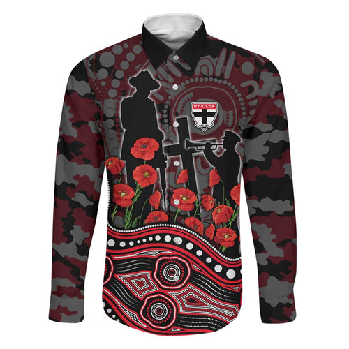 St Kilda Saints ANZAC Day Family Matching Off Shoulder Short Dress and Hawaiian Shirt Indigenous Dot Art with Poppy Flower Tribute