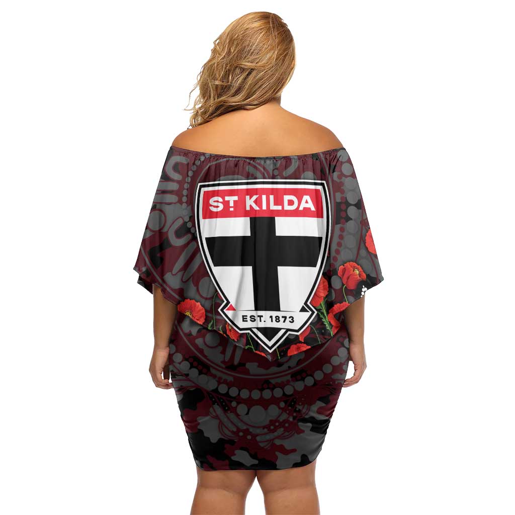 St Kilda Saints ANZAC Day Family Matching Off Shoulder Short Dress and Hawaiian Shirt Indigenous Dot Art with Poppy Flower Tribute