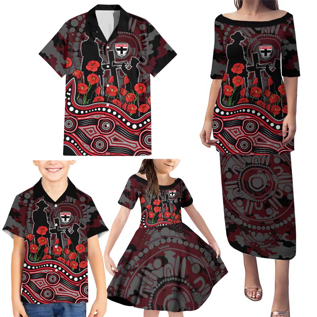 St Kilda Saints ANZAC Day Family Matching Puletasi and Hawaiian Shirt Indigenous Dot Art with Poppy Flower Tribute
