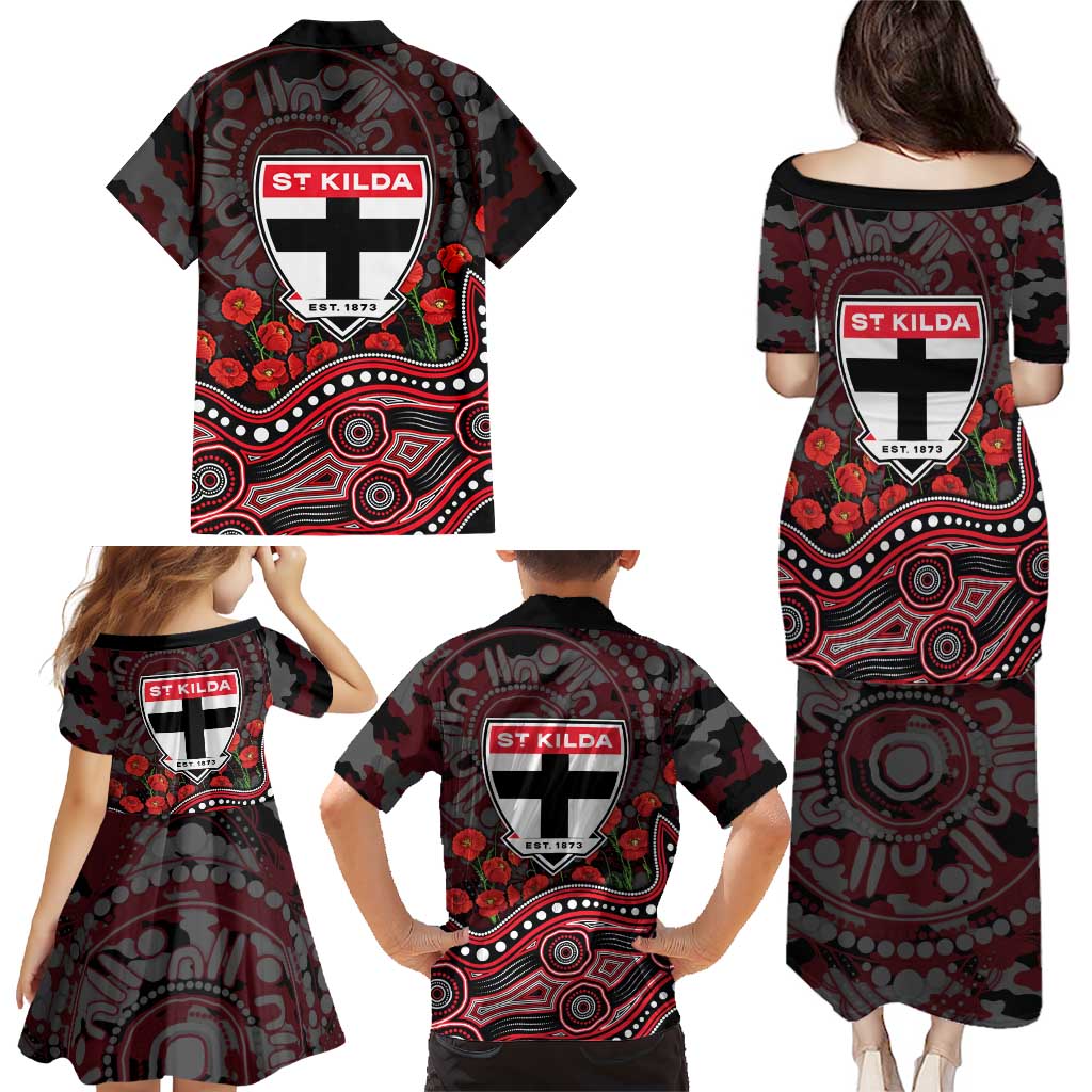 St Kilda Saints ANZAC Day Family Matching Puletasi and Hawaiian Shirt Indigenous Dot Art with Poppy Flower Tribute