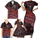 St Kilda Saints ANZAC Day Family Matching Short Sleeve Bodycon Dress and Hawaiian Shirt Indigenous Dot Art with Poppy Flower Tribute