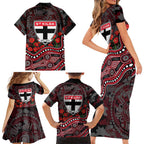 St Kilda Saints ANZAC Day Family Matching Short Sleeve Bodycon Dress and Hawaiian Shirt Indigenous Dot Art with Poppy Flower Tribute