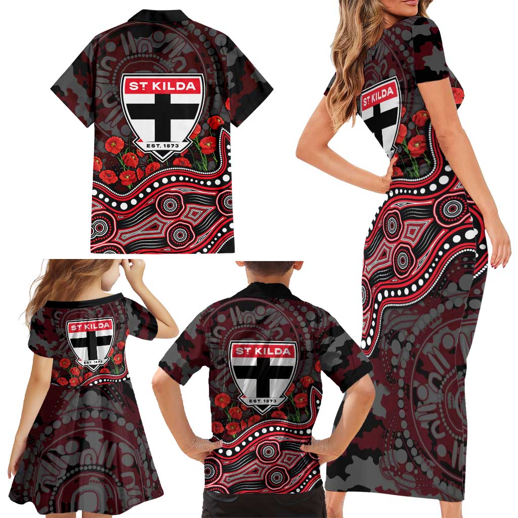 St Kilda Saints ANZAC Day Family Matching Short Sleeve Bodycon Dress and Hawaiian Shirt Indigenous Dot Art with Poppy Flower Tribute