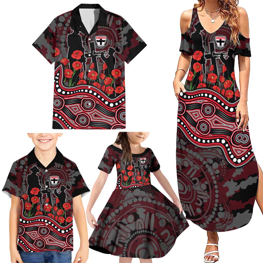 St Kilda Saints ANZAC Day Family Matching Summer Maxi Dress and Hawaiian Shirt Indigenous Dot Art with Poppy Flower Tribute