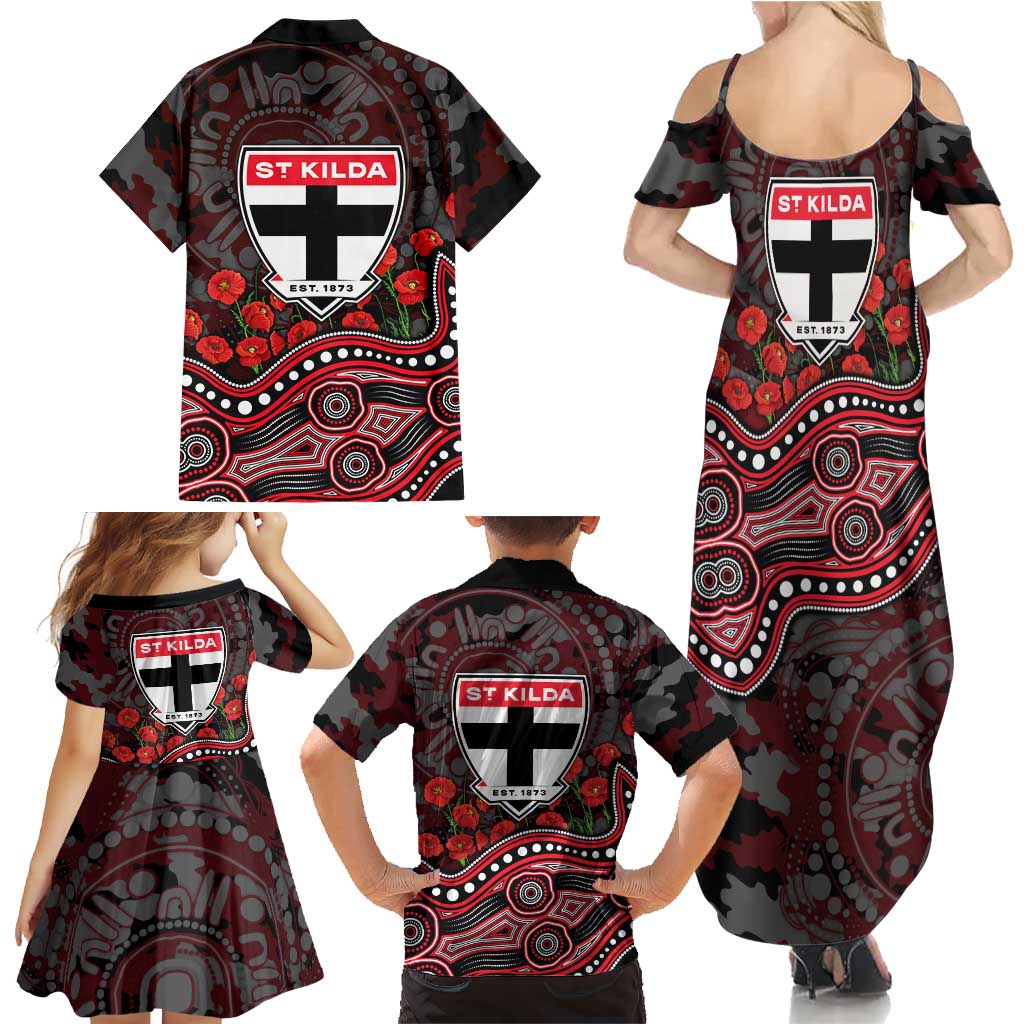 St Kilda Saints ANZAC Day Family Matching Summer Maxi Dress and Hawaiian Shirt Indigenous Dot Art with Poppy Flower Tribute