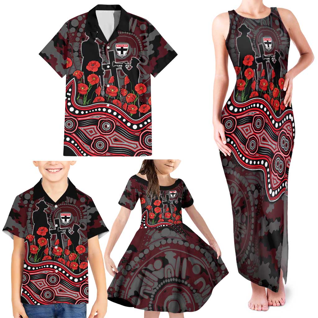 St Kilda Saints ANZAC Day Family Matching Tank Maxi Dress and Hawaiian Shirt Indigenous Dot Art with Poppy Flower Tribute