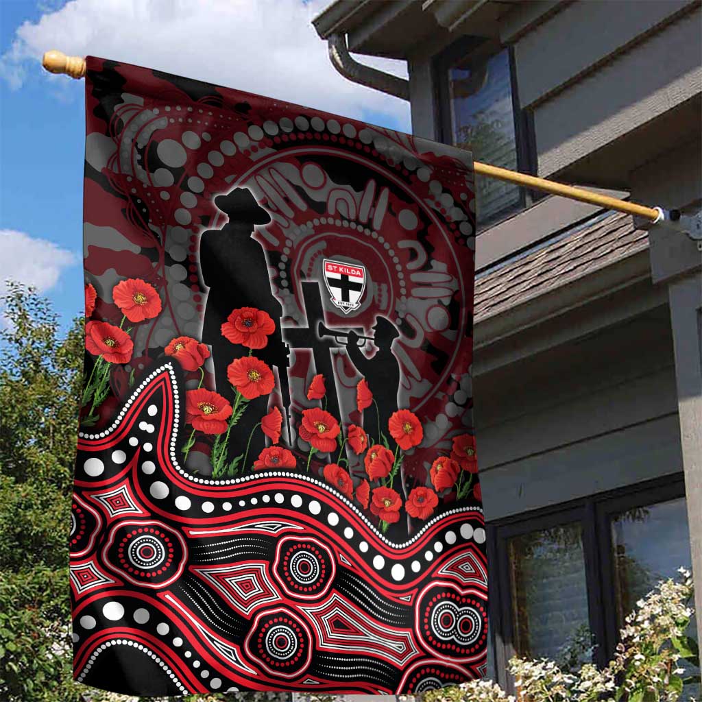 St Kilda Saints ANZAC Day Garden Flag Indigenous Dot Art with Poppy Flower Tribute