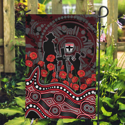 St Kilda Saints ANZAC Day Garden Flag Indigenous Dot Art with Poppy Flower Tribute