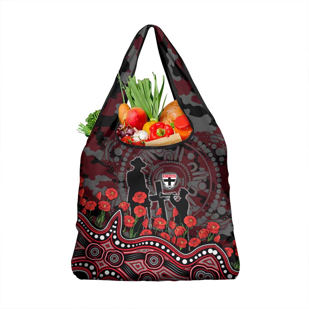 St Kilda Saints ANZAC Day Grocery Bag Indigenous Dot Art with Poppy Flower Tribute