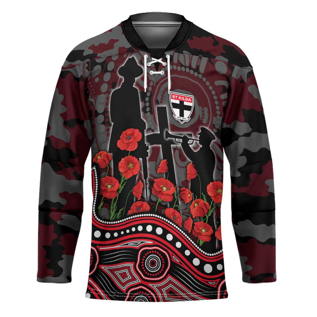 St Kilda Saints ANZAC Day Hockey Jersey Indigenous Dot Art with Poppy Flower Tribute
