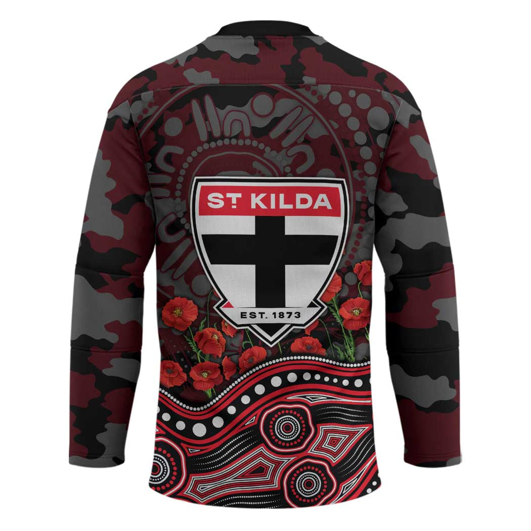 St Kilda Saints ANZAC Day Hockey Jersey Indigenous Dot Art with Poppy Flower Tribute