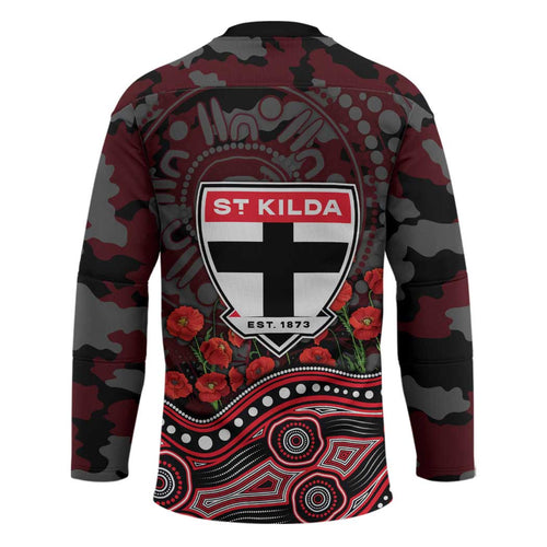 St Kilda Saints ANZAC Day Hockey Jersey Indigenous Dot Art with Poppy Flower Tribute