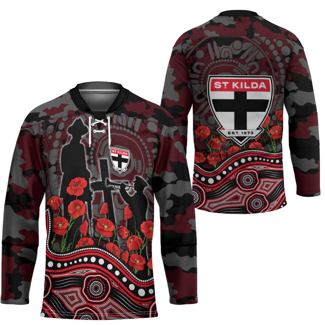 St Kilda Saints ANZAC Day Hockey Jersey Indigenous Dot Art with Poppy Flower Tribute