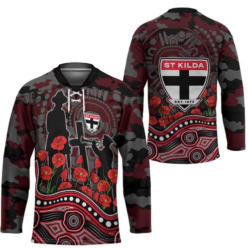 St Kilda Saints ANZAC Day Hockey Jersey Indigenous Dot Art with Poppy Flower Tribute